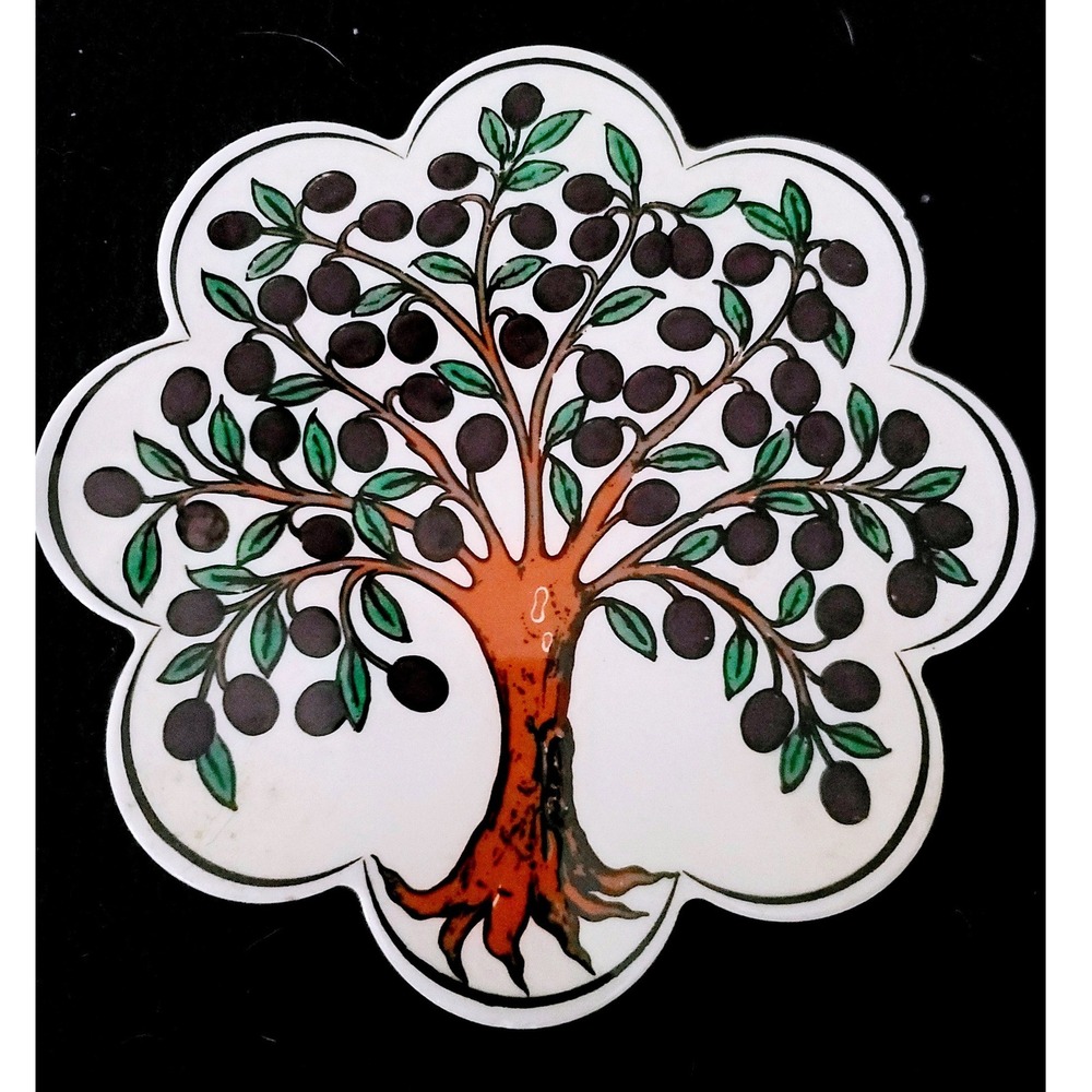 Vintage Turkish Ceramic Olive Tree Trivet Scalloped Hand‎ Painted Hot Plate